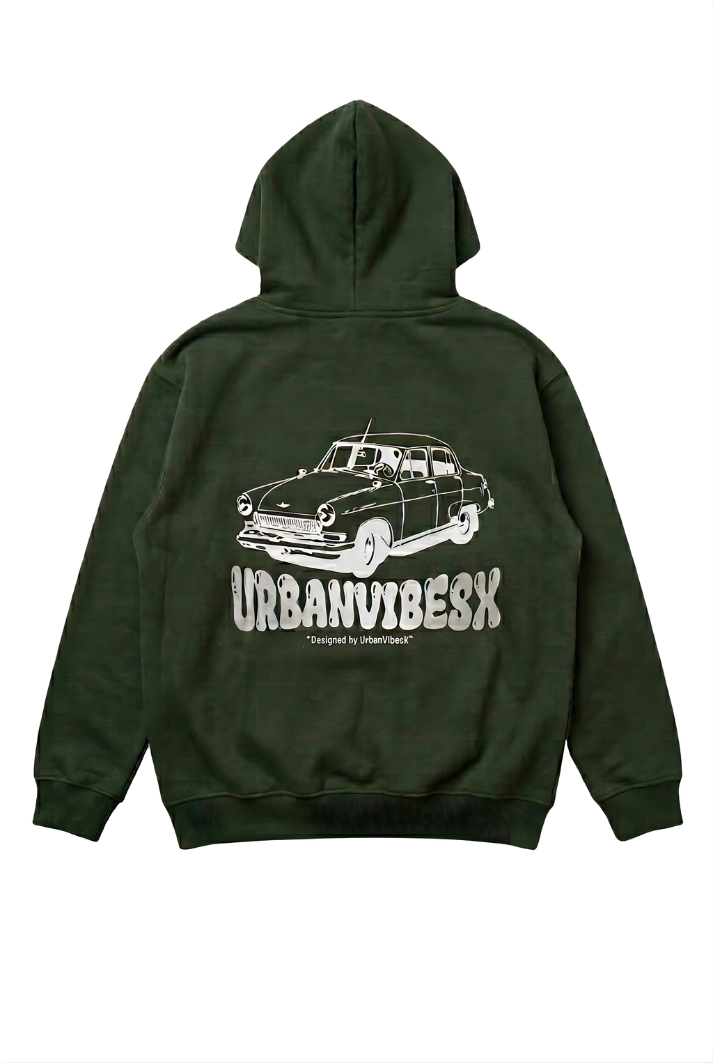 Hoodie verde producto plano espalda con estampado de coche clásico - UVX Studio sudadera oversize