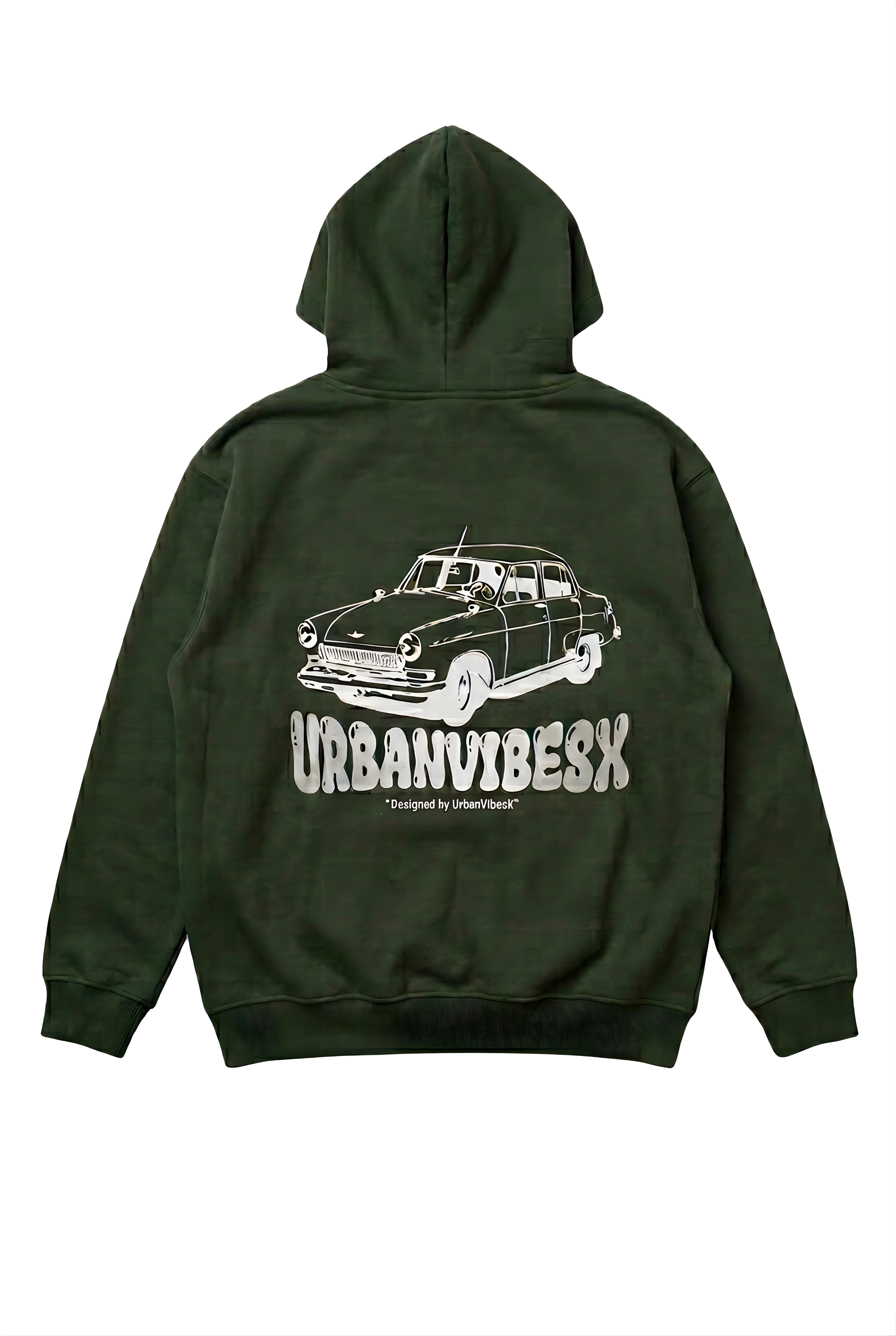 Hoodie verde producto plano espalda con estampado de coche clásico - UVX Studio sudadera oversize