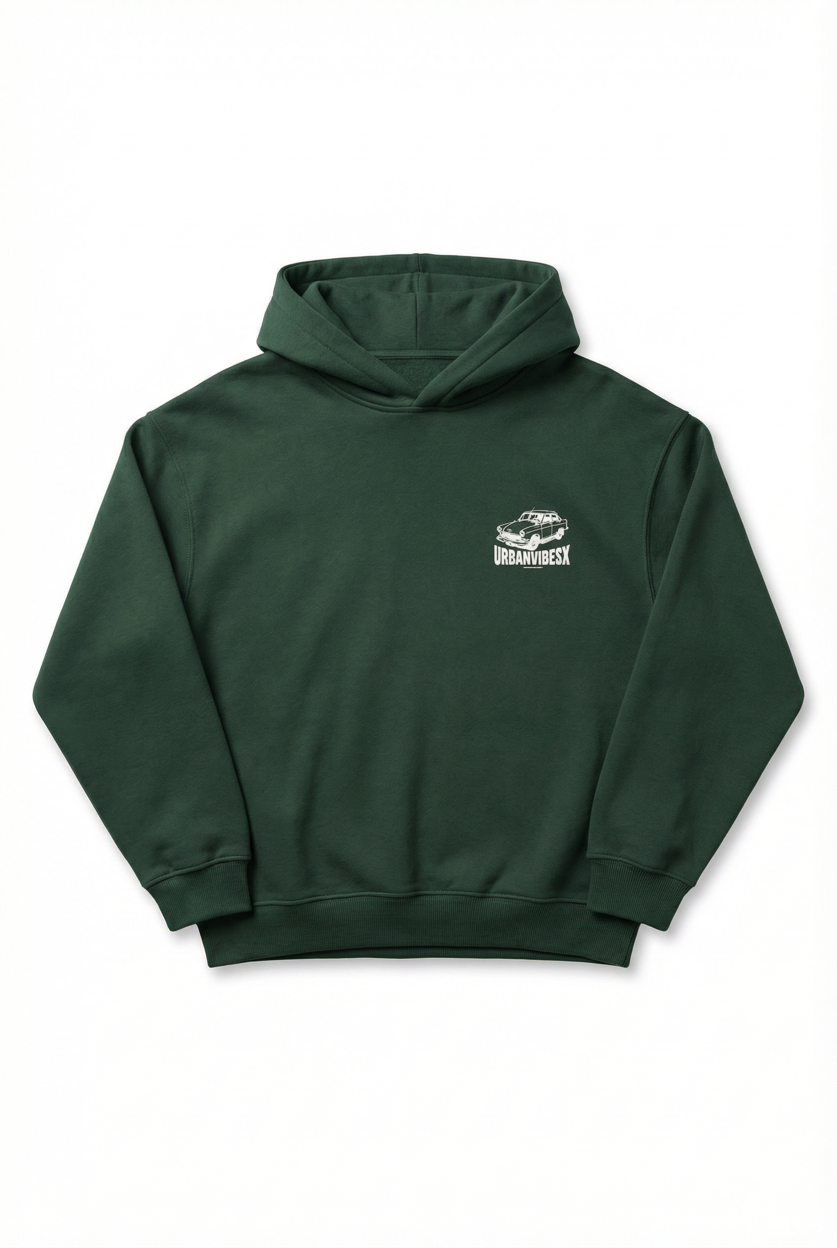 Hoodie Urban Essentials verde producto plano frontal con pequeño logo - UVX Studio sudadera