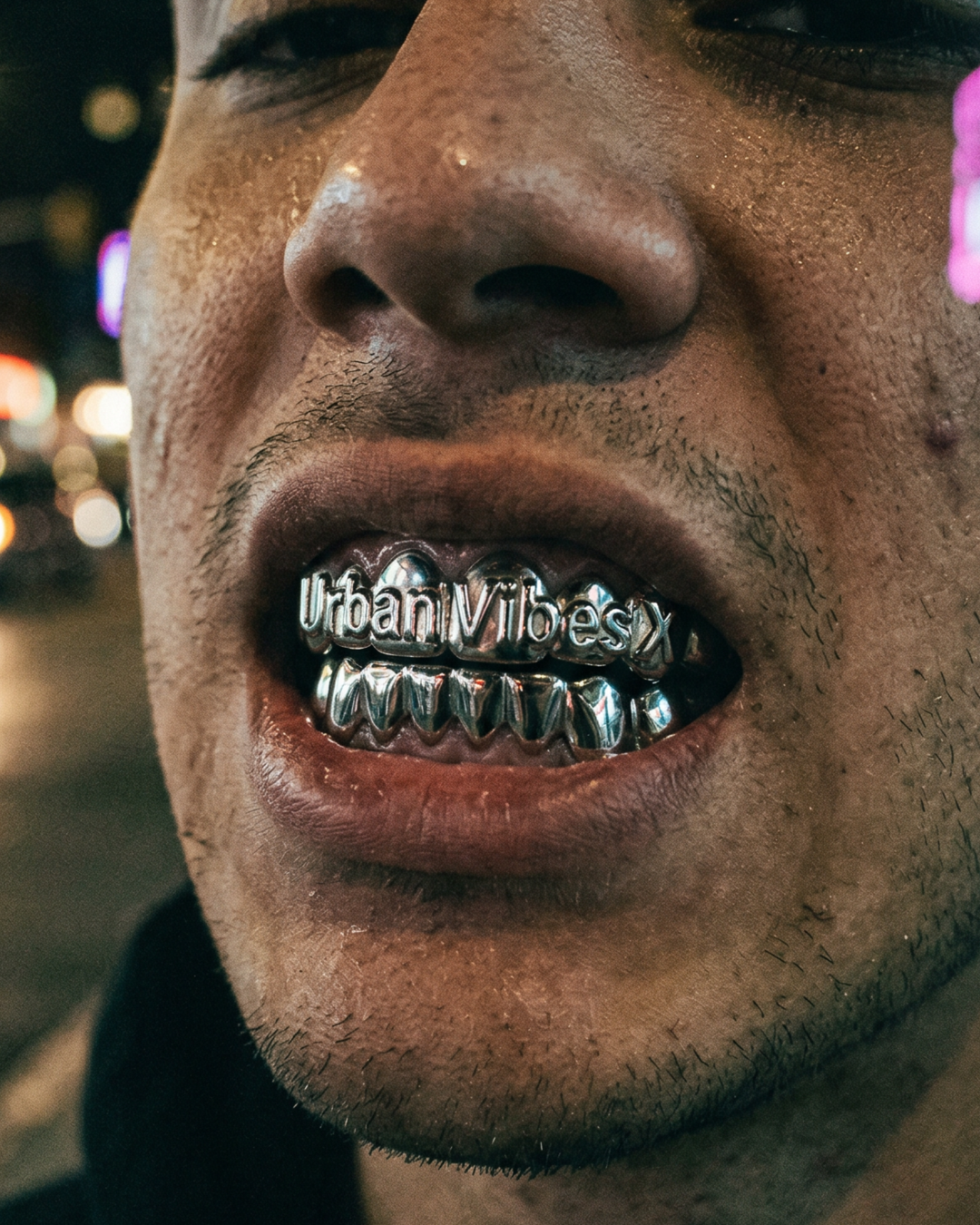 Detalle dental con grills metálicos UrbanVibesX - imagen lifestyle streetwear UVX Studio